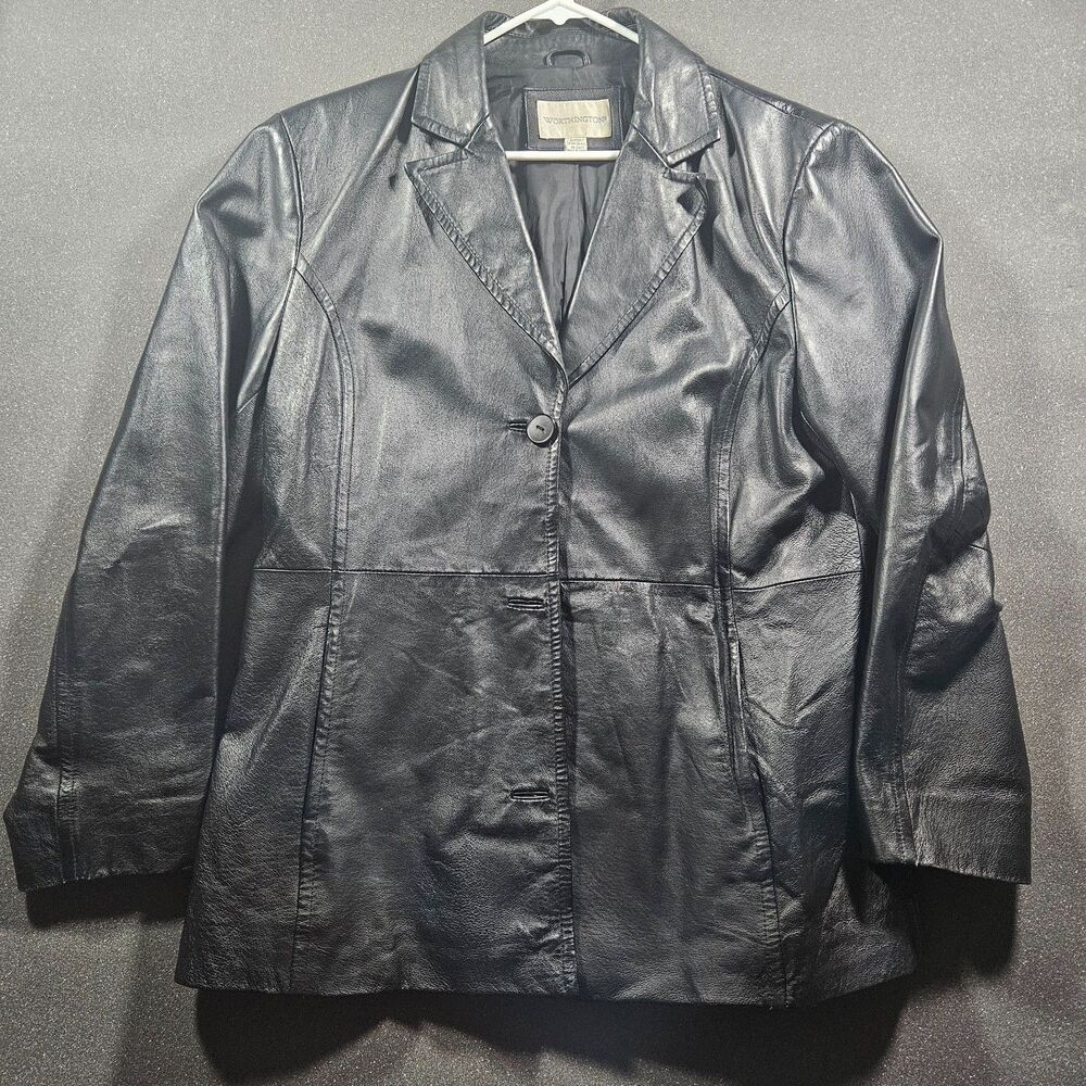 Worthington Genuine Leather Blazer Jacket Women’s XL Black Button Front